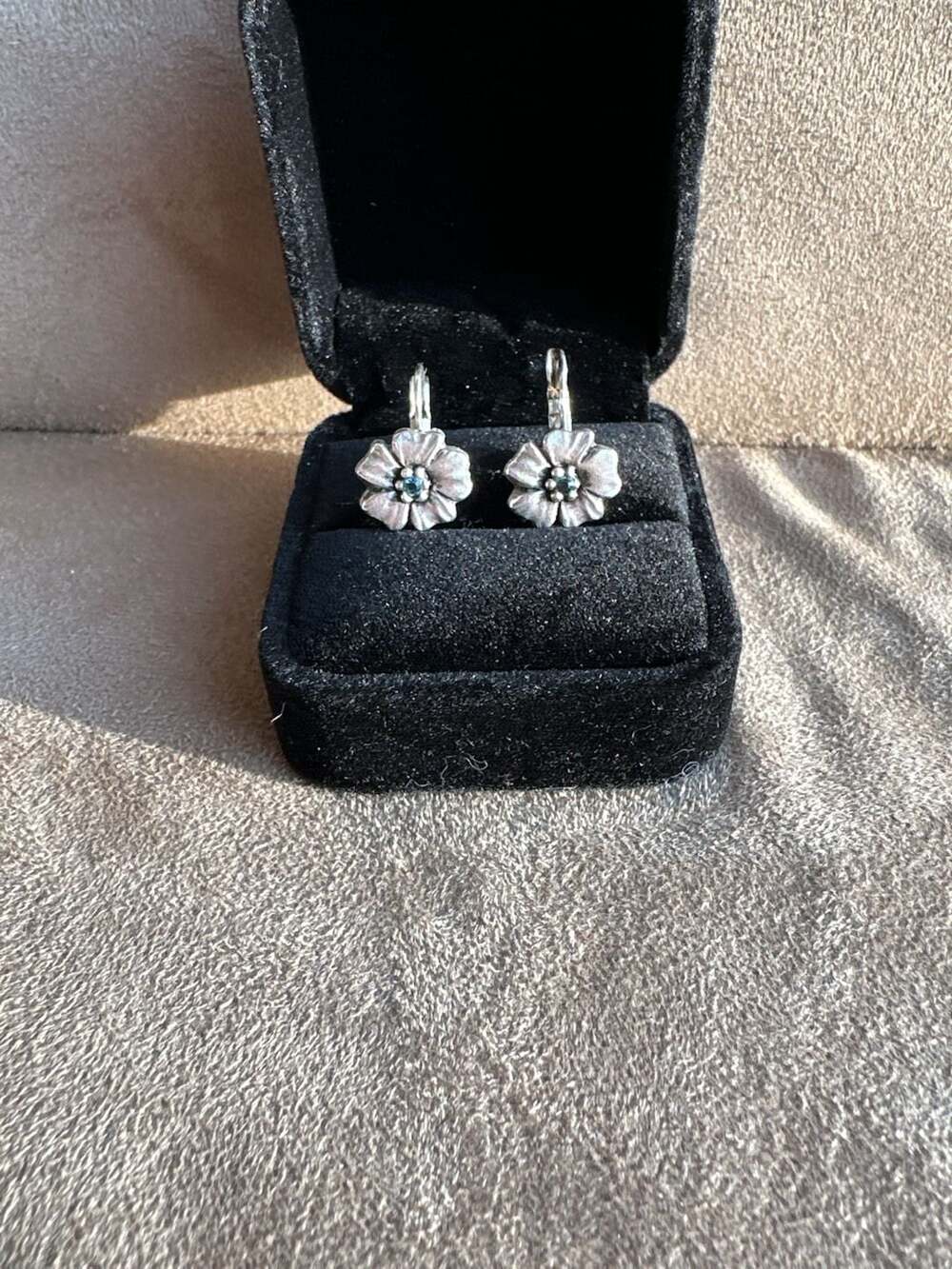 Vintage Silver Flower Earrings with Blue Glass Center